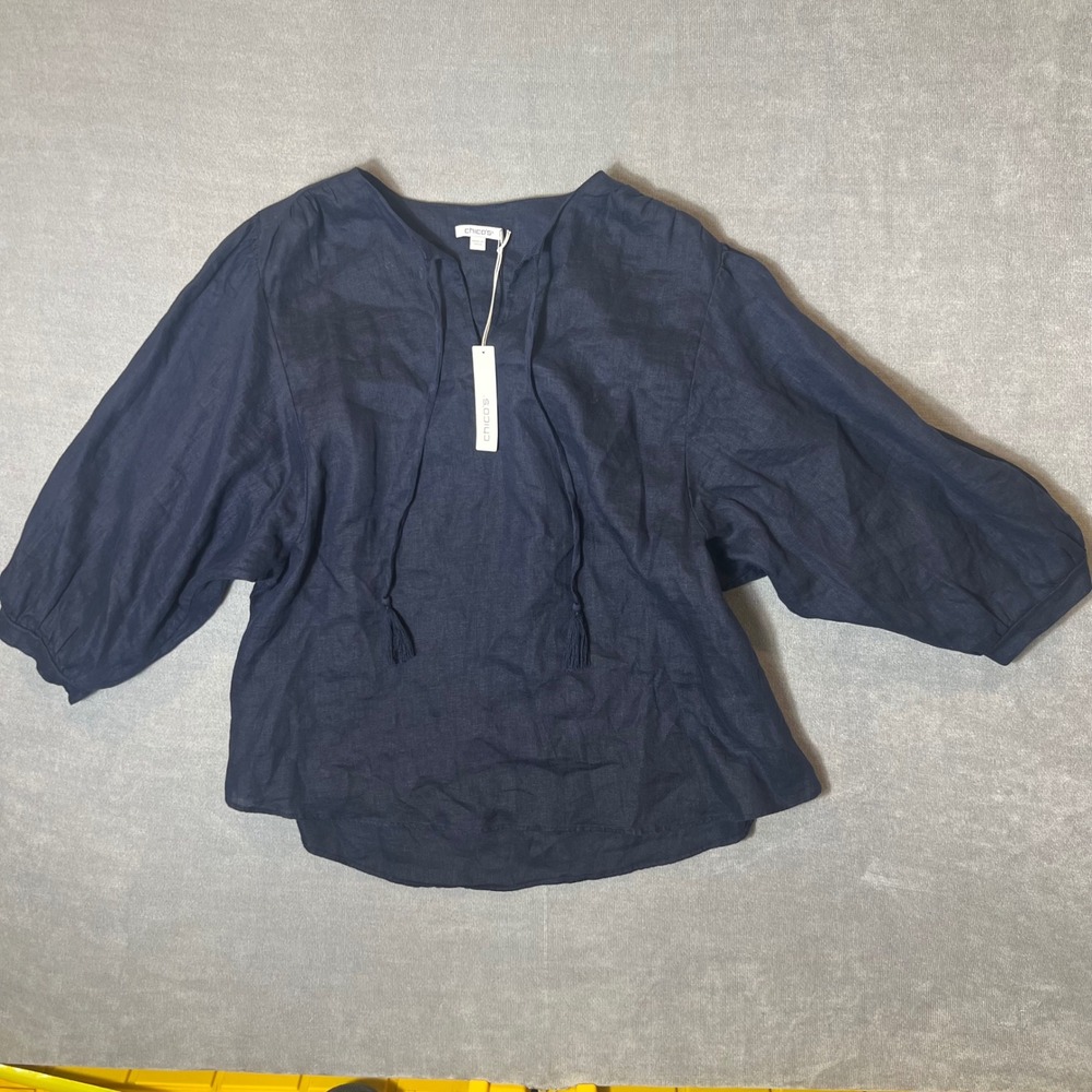 Chicos Linen Popover Top Classic Navy Blue 3/4 Sleeve Tassel Blouse 3 US 16 NEW